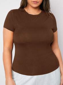 SHEIN BASICS 大码女式纯色圆领修身休闲日常短袖T恤 - 棕色 - 查看 6