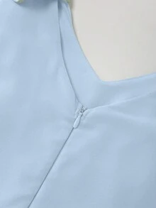 Teen Girl Baby Blue Summer Elegant Party Dress,Solid Color Shoulder Bow Decor Sleeveless V-Neck Pleated Ruffle Sleeve Flare Dress,Light Blue Dress - Baby Blue - View 8