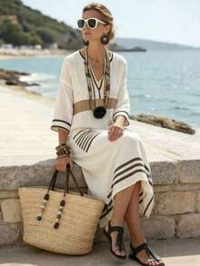 SHEIN Holidaya V领七分袖印花宽松休闲长裙，适合春、夏、秋、冬、新年、万圣节等各种场合，宽松舒适，日常穿着优雅得体，也适合派对、海滩、浪漫约会、时尚休闲通勤等场合。 - 杏色 - 查看 3