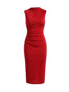 Vestido de malla de punto plisado con estampado, sin mangas, para verano - Rojo 2 - Ver 7
