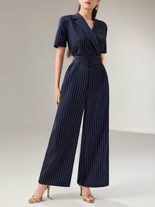 Heiryn 新款复古韩版高腰条纹系带显瘦不对称领阔腿连体裤 - 藏蓝色 - 查看 4