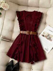 Pariaura Vintage Brown Ruffled Hem Full Design Dress/Waist Cinching Slim Mini Dress/Elegant & Sweet - Burgundy - View 3