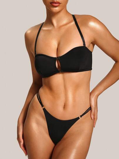 Set de 2 tangas minimalistas de unicolor con cierre frontal inalámbrico, adecuados para el verano