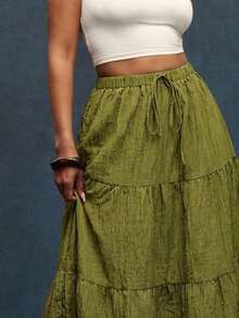 Solid Textured Crepe Low Waist Adjustable Drawstring Tiered Flowy Maxi Skirt - Olive Green - View 5