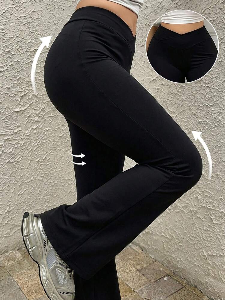 Dazy Plus Elastic Fitted Slimming V-Neck Flare Pants, Black Plus Size Women, All Season Long Trousers