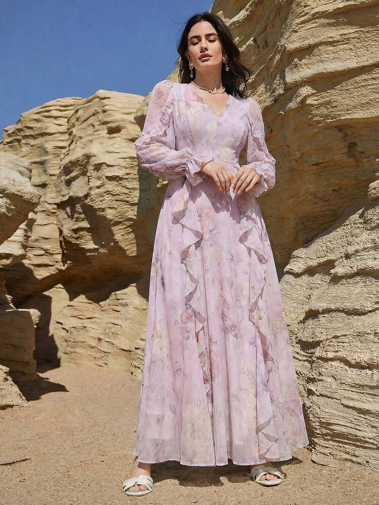 Spring & Summer Ditsy Floral Ruffle Hem Chiffon Dress, Elegant Floral Patchwork Midi Dress For Casual, Beach, Wedding, Commute Sundress