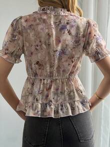 Livesso Damblus med krage och puffärm, volangkant och heltäckande tryck - Rosa - Visa 2