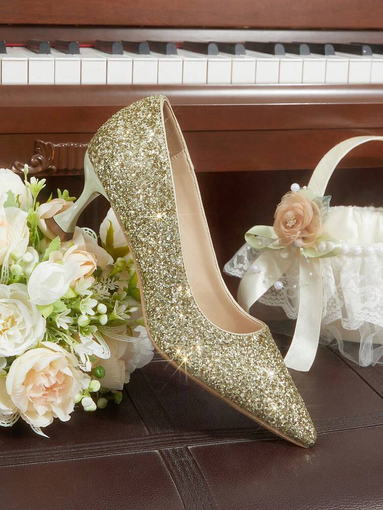 CUCCOO HITCHD WomenShoes Spring And Summer New Gold Glitter High Heel Single Shoes Dress Shoes Bridal Shoes Wedding Season Party Romantic And Elegant Dress