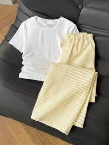 SHEIN Bộ 2 món cho bé gái tuổi teen: Áo cổ tròn và quần sọc. - Màu vàng - Xem 5
