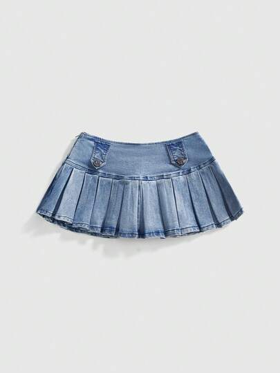 ROMWE Y2K Millennium Basic Super Short Pleated Denim Mini Skirt For Women