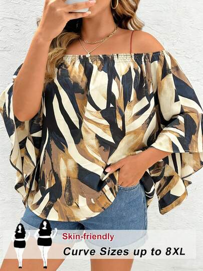 SHEIN CURVE+ Áo kiểu nữ cỡ lớn in hoa, trễ vai, tay bồng, phong cách thường ngày.