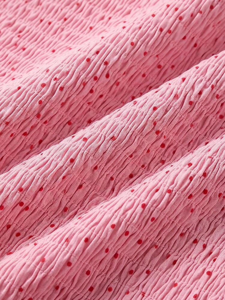 Rosa Polka-Punkt trägerloses Kleid mit Smocking und süßen Rüschendetails, Frühling Sommer französischer Stil Pariser Stil Date Night Kleid, Polka-Punkt Kleid, Urlaubskleid, rosa Rüschenkleid