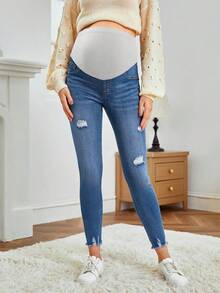 SHEIN Quần jean skinny cho bà bầu, kiểu dáng rách rưới, gấu quần bo chun tua rua. - Rửa trung bình - Xem 4