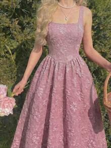 SHEIN MOD 红色复古宫廷风提花女式连衣裙 夏季女装 新娘伴娘礼服 返校季服装 - 藕粉色 - 查看 1