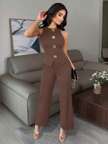 Vavine 优雅商务休闲女装套装，金属纽扣装饰，无袖弹力修身性感吊带背心和裤子黑色两件套，棕色女士最新款商务休闲女装套装，棕色粘胶纤维女士西装 - 棕色 - 查看 8