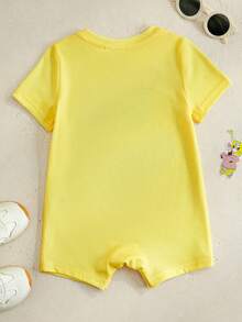 SpongeBob SquarePants | SHEIN 男婴休闲可爱卡通印花短袖连体衣套装，夏季 - 黃色 - 查看 2