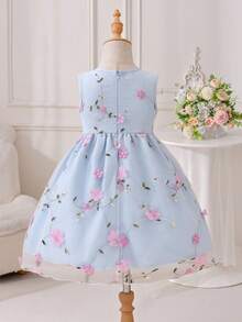 SHEIN Glamorique Kids 女童無袖刺繡A字網紗洋裝，藍色，夏季，花童婚禮生日派對公主風，精緻3D蝴蝶結裝飾仙女裙 - 藍色 - 查看 3