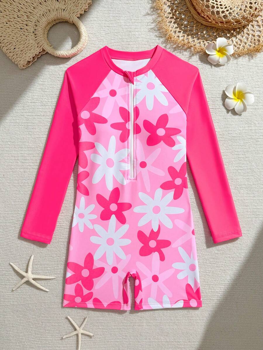 SHEIN New Fashion Tween Girls One-Piece Swimsuit With Colorful Prints - Hot Pink - View 1