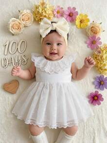 SHEIN Baby Girl Solid Color Lace Collar Sleeveless Dress - White - View 2