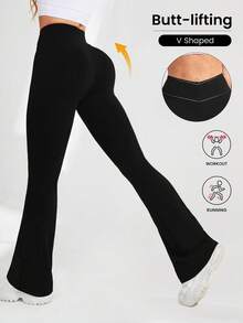 Easithlete 女士V字形瑜伽紧身裤，喇叭裤腿，高腰修身瑜伽裤，阔腿瑜伽裤，弹力工作裤，适合运动、跑步、骑行、瑜伽、匹克球等休闲场合。 - 彩色 - 查看 2