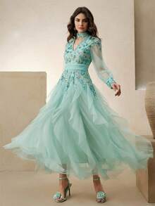 Anewsta Women's Elegant Multicolor Embroidered Dress, Long Sleeve Patchwork Pleated Mesh Long Formal Gown, Suitable For Spring, Vacation, Festival, Holiday, Wedding Guest, Party - Blue - View 3