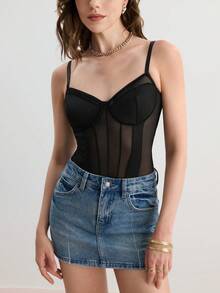 Hourtrue Body de malla negra transparente con escote en V profundo y cinturilla, body sexy y transparente para usar por capas - Negro - Ver 9