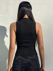 DAZY Atasan Tank Top Pendek Kasual Seksi Musim Panas Warna Polos dengan Kerah Tegak, Model Golf Pastel - Hitam - View 4