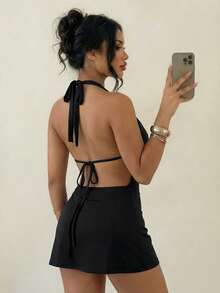 Sirith Đầm xòe nữ gợi cảm hở lưng, cổ xếp ly, có họa tiết đục lỗ - màu đen - Xem 2