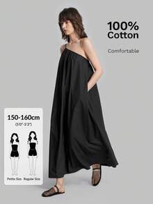 Ontre Petite Đầm nữ mùa hè 2026 dáng rộng, màu đen trơn, thiết kế bất đối xứng, phù hợp cho cả hoạt động ngoài trời và công sở. - màu đen - Xem 6