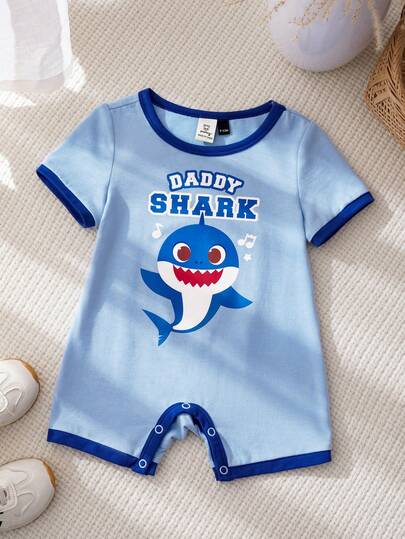 BABY SHARK X SHEIN Baby Boy Casual Crew Neck Cartoon Letter Print Romper For Everyday Wear