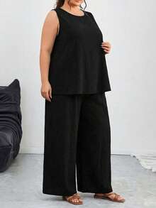 SHEIN CURVE+ Curve 尺码 US22 音乐节、海滨度假、波西米亚纯色背心和阔腿裤 - 黑色 - 查看 3