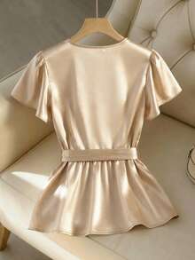Selianne Women's Elegant Sexy Delicate Shiny Solid White Short Sleeve T-Shirt, Versatile For Spring/Summer Golf - Champagne - View 2