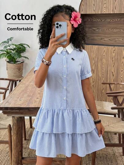 Sparklyn Đầm ngắn tay kẻ sọc cho nữ sinh tuổi teen, cổ bèo phối màu tương phản, tay áo cánh hoa, in họa tiết, thích hợp đi học, dã ngoại, mua sắm.