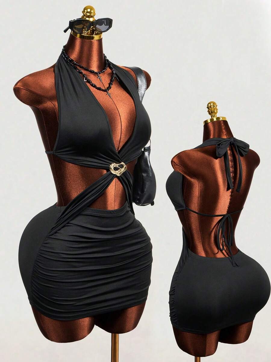 Mistrie 夏季新款音乐节性感镂空露背吊带紧身迷你连衣裙 - 黑色 - 查看 1