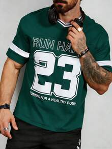 Gym Rark 男士字母条纹印花V领短袖休闲运动T恤基础款T恤篮球服男士连帽衫 - 墨綠色 - 查看 6