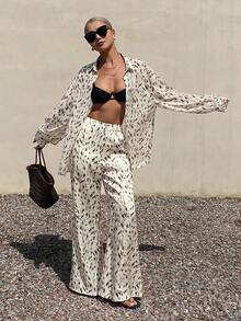Brown Vacation Allover Print Loose Shirt And Casual Pants 2 Pieces Set For Women, Spring/Summer - Coffee Brown - View 1