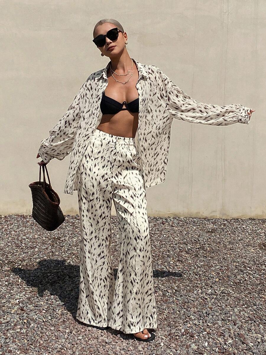 Brown Vacation Allover Print Loose Shirt And Casual Pants 2 Pieces Set For Women, Spring/Summer - Coffee Brown - View 1