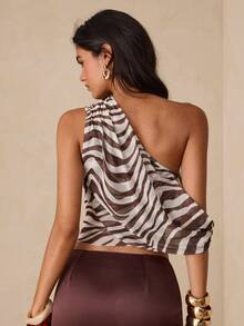 Glamine Áo hai dây không tay họa tiết da báo bằng vải lưới thanh lịch dành cho nữ dự tiệc - màu nâu - Xem 7