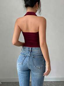 Elenzga Women's Elegant Black Draped Neck Sleeveless Fitted Tank Top With Metal Decor, Ruched Design, Suitable For Spring And Summer - Burgundy - View 2