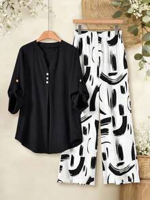 Rusticease Bộ đồ 2 món dành cho nữ: áo cổ chữ V tay bồng và quần ống rộng in họa tiết cọ vẽ, dáng rộng. - Đen và trắng - Xem 3