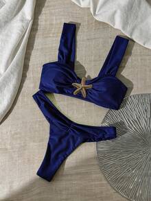Swim Chiccia Blue Bikini Set For Women With Starfish Detail Ruched Straps And High Cut Bottom - Blue - View 2