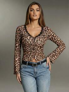 Nuvra 1 pieza Camiseta de mujer cómoda y sexy con estampado de leopardo y encaje - Marrón - Ver 5