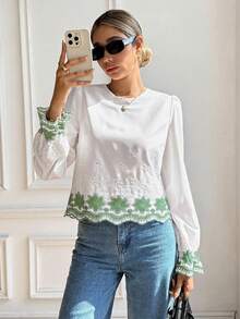 Serisse Áo sơ mi dài tay nữ phối màu tương phản ở cổ tay và gấu áo - màu xanh lá - Xem 5