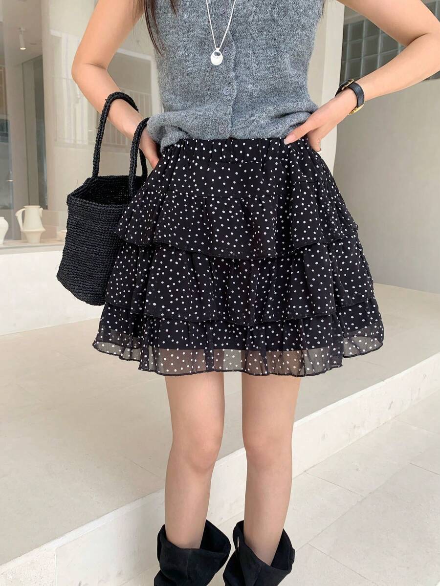 K-Vae 百搭弹力腰带波点雪纺伞裙，甜美可爱 - 黑色 - 查看 1