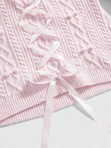 ROMWE Áo len đan nơ hồng pastel dễ thương Kawaii, áo len chui đầu cỡ lớn cho mùa thu/đông - Màu Hồng baby - Xem 5