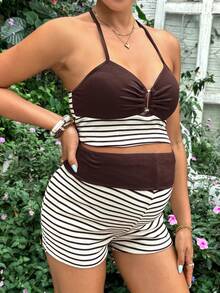 SHEIN Maternity Striped Ruched Halter Neck Tank Top And Adjustable Waist Shorts Casual 2-Piece Set Casual Beach Fashion - Brown - View 3