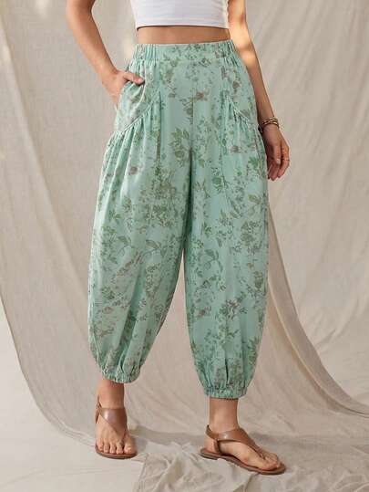 Wildy Pantalon lanterne de poche de base d'été pour femmes, motif rétro floral occidental décontracté boho