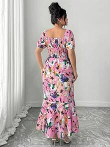 Elenzga Vestido de mujer de cuello cuadrado nuevo con estampado, mangas abultadas, bajo con cola de pez y ribete de volantes, diseño elegante adecuado para uso casual diario y vacaciones - Rosa - Ver 2