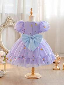 Glamorique Kids 少女薰衣草刺繡花卉洋裝，短花瓣袖，優雅公主裙，兒童派對裝生日適用於度假、婚禮、派對、宴會，背面裝飾蝴蝶結，兒童辨識洋裝，少女洋裝，兒童生日洋裝，親子洋裝，媽媽與女兒洋裝，伴娘洋裝，兒童公主洋裝，兒童洋裝，兒童親子洋裝，女孩下午茶洋裝，兒童伴娘洋裝，生日禮服，兒童夏季衣物 - 淡紫色 - 查看 3