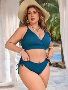 Swim Lushoire Plus Size Women 2pcs Solid Color Spaghetti Strap Sexy Beach Beach Vacation Vacation Bikini Swimwear Light Blue Summer - Green - View 4